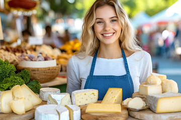 A blonde woman sells cheese at a festival, representing her cheese store and its dedication to quality artisanal products.