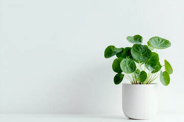 High quality photo of green plant with round leaves in white flowerpot on white background.