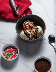 Vanilla Ice Cream in Bowl on Marble Countertop