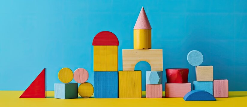 Children s wooden building blocks shaped like geometric figures featuring space for text Eco friendly toys that promote development and creativity Educational wooden bricks for preschoolers