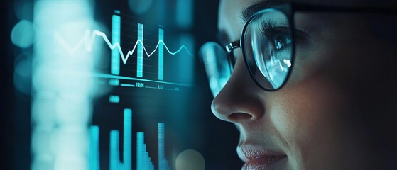 Close up of female's face looking on hologram data at wall's panel