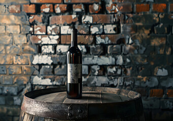 Fototapeta premium wine bottle on barrel, brick wall in background