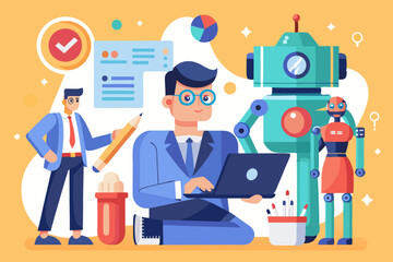 AI Artificial Intelligence work with human, robot or automation to help success, robot to replace human employment, job uncertainty concept, frustrated businessman working with pencil with AI robot
