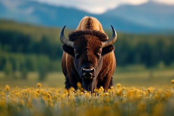 Bison and the quiet strength of the wilderness, captured in a serene photo that emphasizes the peace and majesty of these creatures in their natural setting