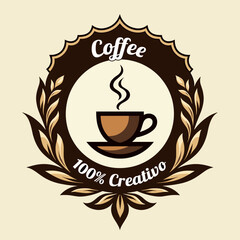 A steaming cup of coffee is centered within a circular design, surrounded by coffee beans and green leaves, emphasizing its natural and organic qualities.