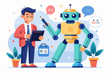 AI Artificial Intelligence work with human, robot or automation to help success, robot to replace human employment, job uncertainty concept, frustrated businessman working with pencil with AI robot
