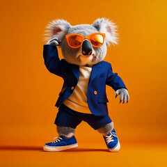 Funky colorful Koala dressed in suit in funny look, with orange sunglasses and blue shoes dancing on an orange background like a studio shoot