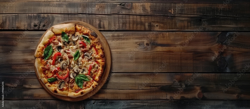 Canvas Prints Chicken and mushroom pizza Viewed from above On a wooden surface Copy space