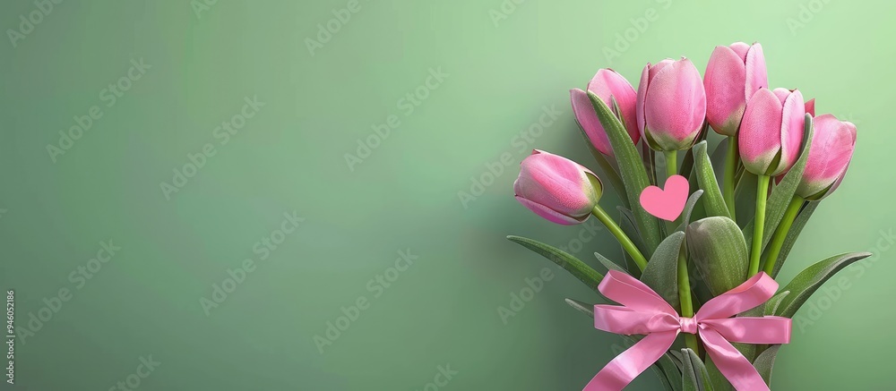 Canvas Prints Bouquet of pink tulips adorned with a hearts ribbon on a green background Copy space top view Valentine s Day theme