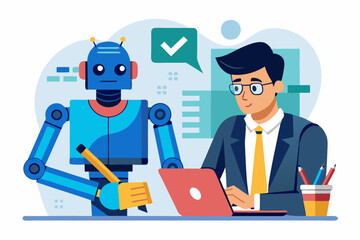 AI Artificial Intelligence work with human, robot or automation to help success, robot to replace human employment, job uncertainty concept, frustrated businessman working with pencil with AI robot
