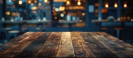 Empty dark wooden table set against an abstract blurred bokeh background of a restaurant This can be utilized for showcasing or displaying your products Mockup for space. Copy space image