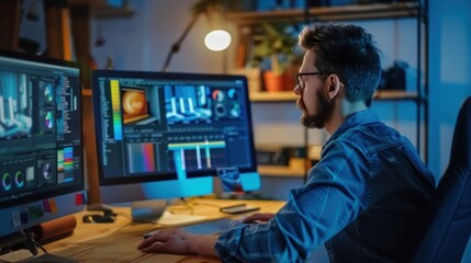 An adult studying graphic design on a computer, working through tutorials and practicing skills with creative software