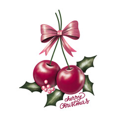 Cherry Christmas illustration with bow