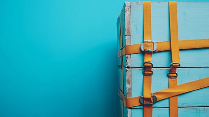 Securing Cargo: Ensuring Transport Safety with Strapped Goods on Blue Background