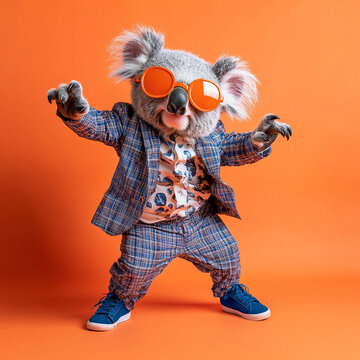 Funky colorful Koala dressed in suit in funny look, with orange sunglasses and blue shoes dancing on an orange background like a studio shoot