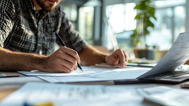 A close-up of a completed project on a desk, with a satisfied worker reviewing the final results.