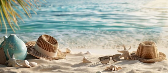Chic beach accessories on the sand by the sea. Copy space image. Place for adding text and design