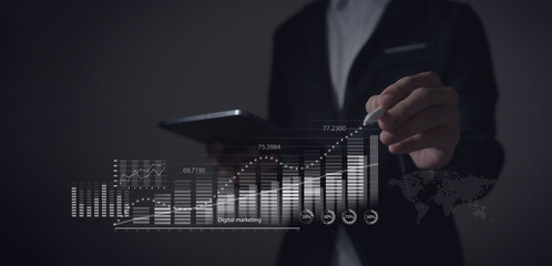 Businessman touching market report of online sales growth graph, digital marketing business development growth, mobile app trading