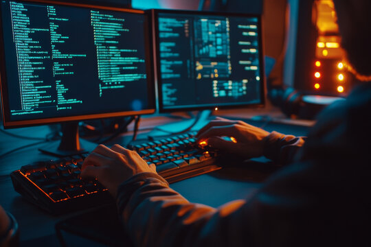 A hacker in a dark room, typing on a keyboard with multiple screens displaying codes, malware, and a countdown timer, showing the urgency of cybersecurity defense