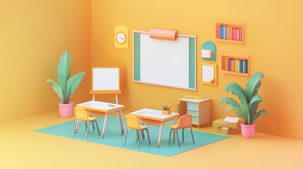 Colorful Classroom Interior with Desks  Chairs  and Whiteboard
