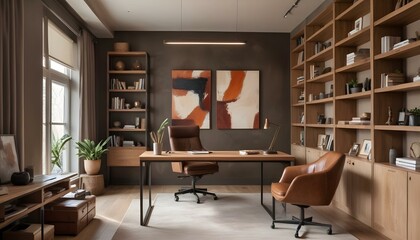 A modern home office with a wooden desk, leather chair, and shelving units on the walls. The room has a warm, cozy atmosphere with a large abstract painting on the wall