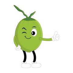 Coconut mascot, Summer Design Illustration of Happy Coconut Mascot Character with straw, lemon slice and small umbrella, while another gives thumbs up