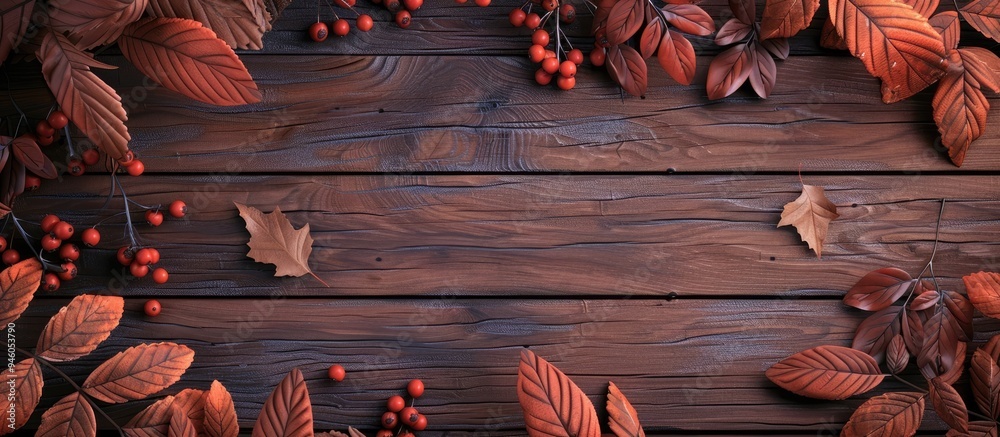 Canvas Prints autumn leaves and rowan berries on a wooden background with copy space