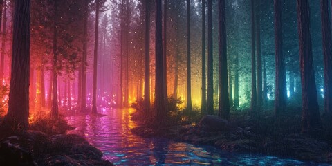 A glowing river flows through a mystical forest.