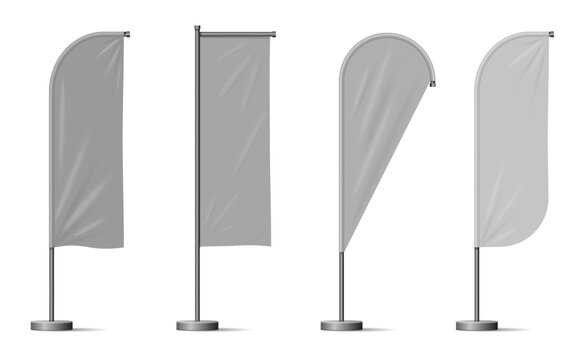 Realistic beach flags, white banner stand isolated vector mockup.
