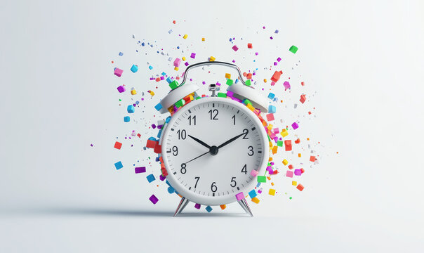 A colorful clock with brightly colored objects exploding out from behind