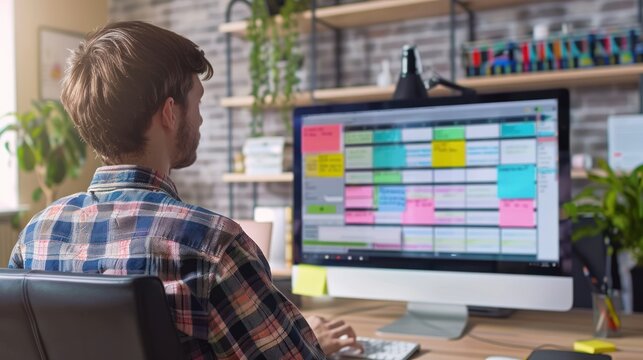 An adult managing their study schedule on a computer, using digital planners and reminder apps to stay organized and on track