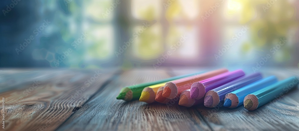 Poster crayons placed on the table. copy space image. place for adding text and design