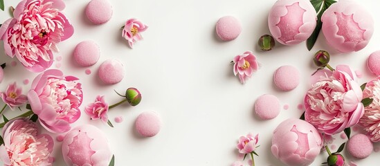 Marzipan or pink round candies featuring peonies on a white background A greeting card showcasing sweets and flowers Copyspace