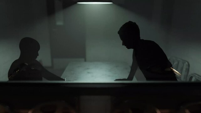 nterrogation Room Behind Oneway Mirror Glass Police Detective Suspect Interrogation Room Behind Oneway Mirror Glass Reel To Reel Recording Interview With A Handcuffed Man