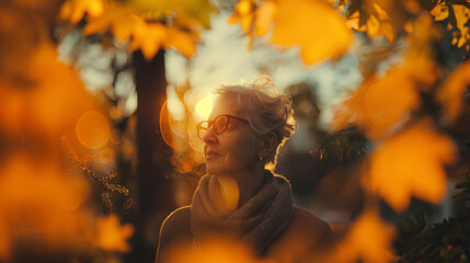 Elderly white woman admiring flowers in a tranquil garden.

