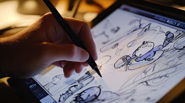 A close-up of a hand drawing on a digital tablet, creating animated characters and scenes.