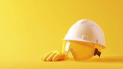 Ensuring Safety: Construction Gear with Hard Hats, Gloves, and Goggles on Vibrant Yellow Background