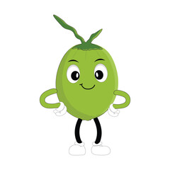 Coconut mascot, Summer Design Illustration of Happy Coconut Mascot Character with straw, lemon slice and small umbrella, while another gives thumbs up