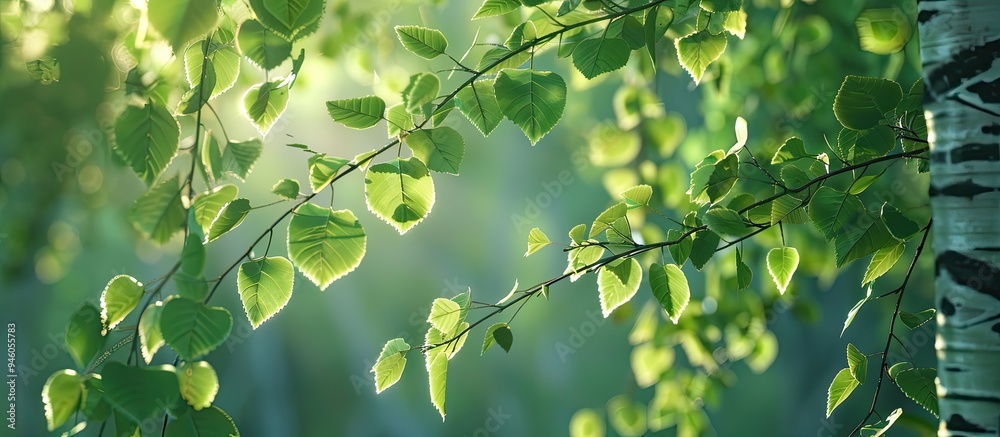 Wall mural young birch foliage. copy space image. place for adding text and design