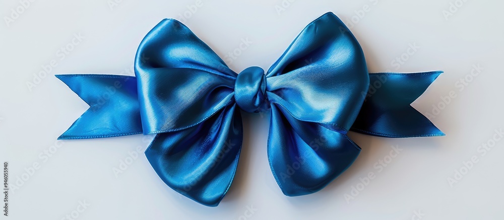 Poster close up of a shiny blue satin bow on a white background with no shadows featuring high details. cop