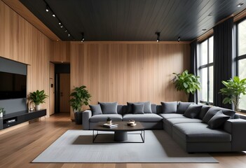 A modern and cozy living room with a large gray sectional sofa, a low wooden coffee table, and a potted plant in the corner.