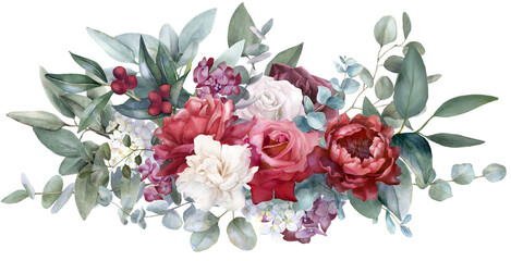 Watercolor floral border, red and white flower bouquets, png illustration