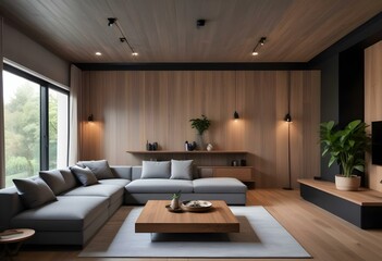 A modern and cozy living room with a large gray sectional sofa, a low wooden coffee table, and a potted plant in the corner.