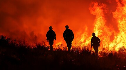 Fototapeta premium Firefighters battling a wildfire against a backdrop of intense flames and smoke.
