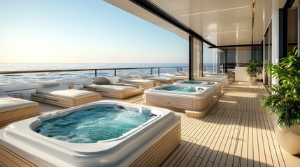 Fototapeta premium Luxury Yacht Deck with Hot Tubs and Loungers