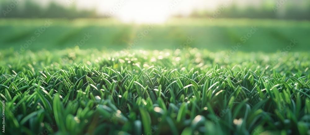 Poster vibrant green grass in beautiful morning light. Copy space image. Place for adding text and design