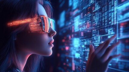 Futuristic Woman with Digital Glasses Interacting with Holographic Interface