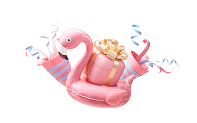 Flamingo balloon swim ring with cartoon style, 3d rendering.