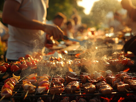 Enjoying lively barbecue party with friends as the grill master cooks outdoors. Generative AI