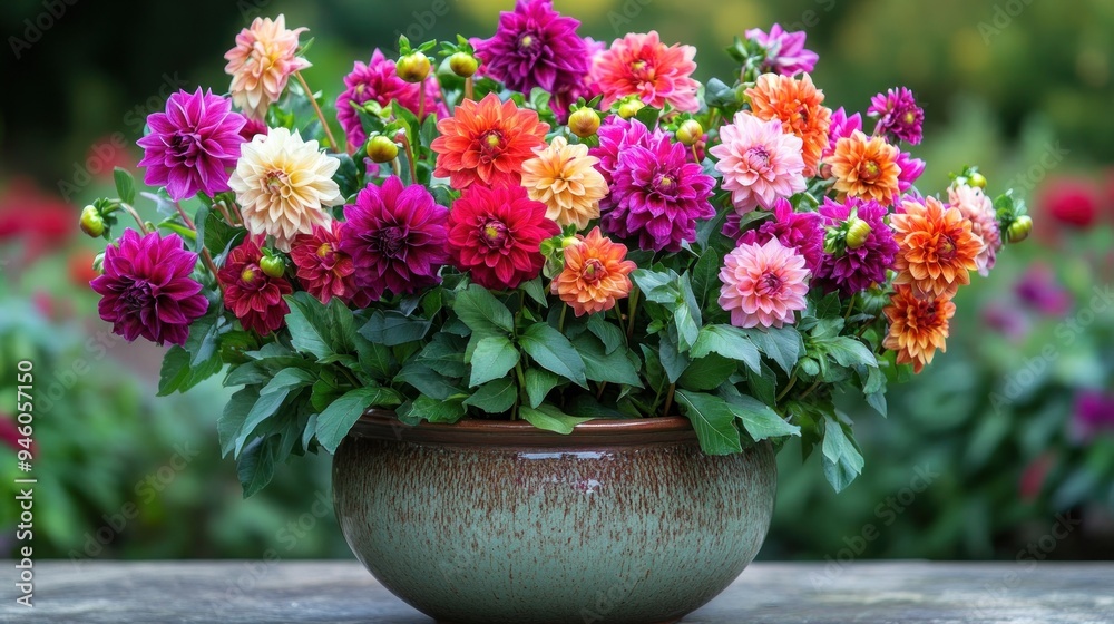 Poster Vibrant Dahlias in a Earthy Pot